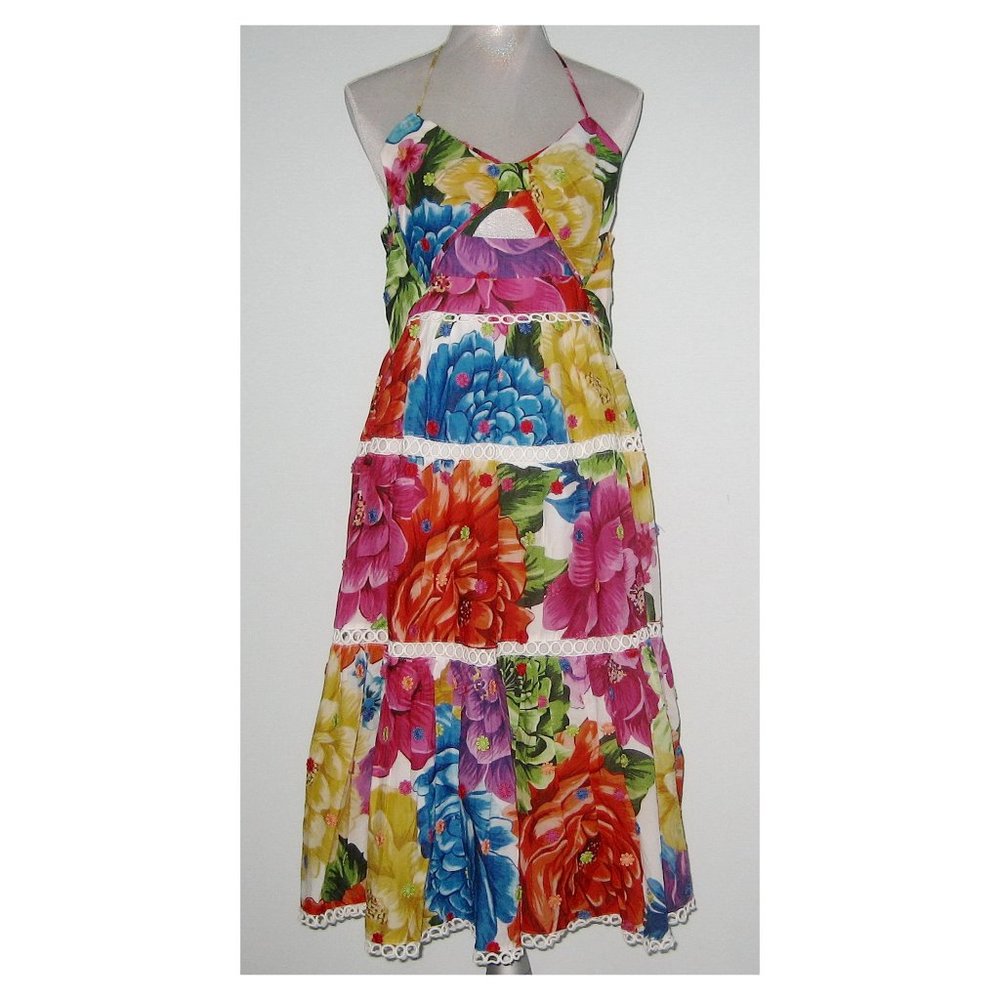 NWT Anthropologie Farm RIO Cotton Rainbow CHITA Flower Midi Dress M MSRP $335